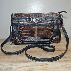 Brighton Organizer Crossbody Bag Black Brown Croc Embossed Leather Heart E430852